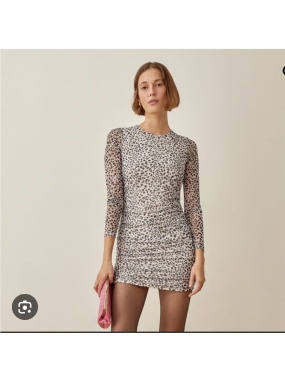 NEW Reformation Thomas Mini Long Sleeve Ruched Side Mesh Dress in Ivory Cheetah